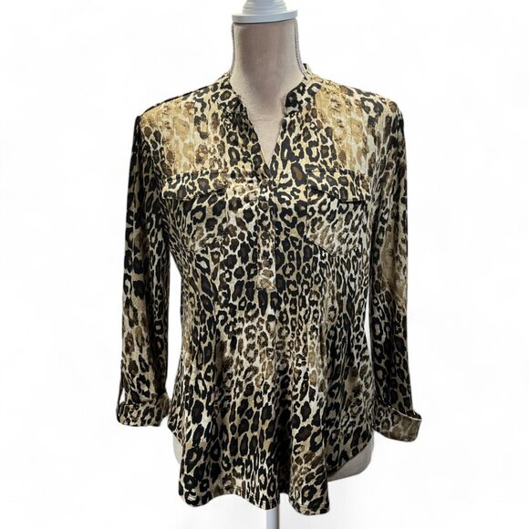 Established 1962 Lepard Womens Brown Print Blouse 1/2 Long  Sleeve  Button Down - Picture 1 of 15
